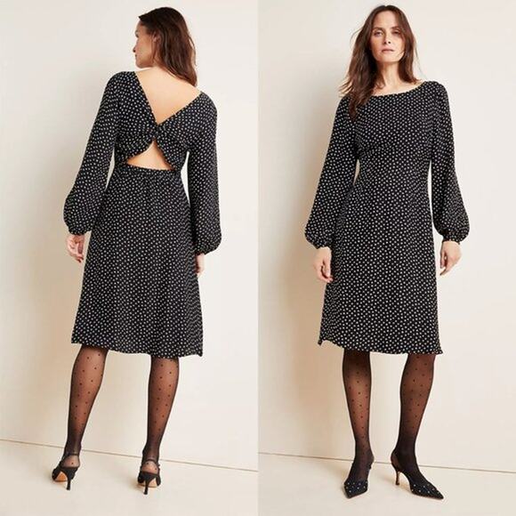 BY ANTHROPOLOGIE Agatha Midi Dress Black White Polka Dot Size 14 Twist Back - Picture 8 of 8